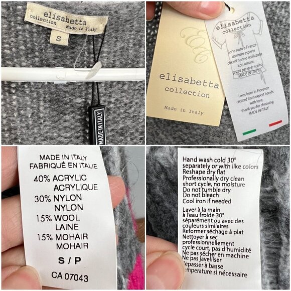 NWT Elisabetta Collection‎ Wool Mohair Blend Houndstooth Cardigan Grey Pink Sz S - Picture 13 of 14